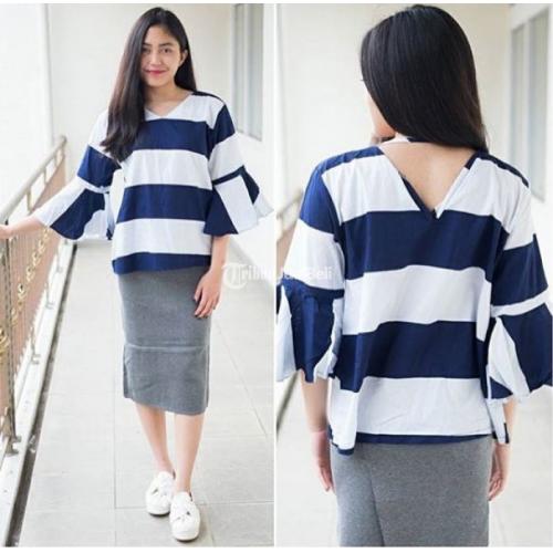 baju atasan wanita stripe colombe trompet black navy baju atasan wanita stripe colombe trompet black navy
