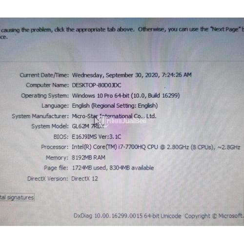 Laptop MSi GL62M 7RDX Bekas Harga Rp 9,5 Juta Core i7 Ram ...